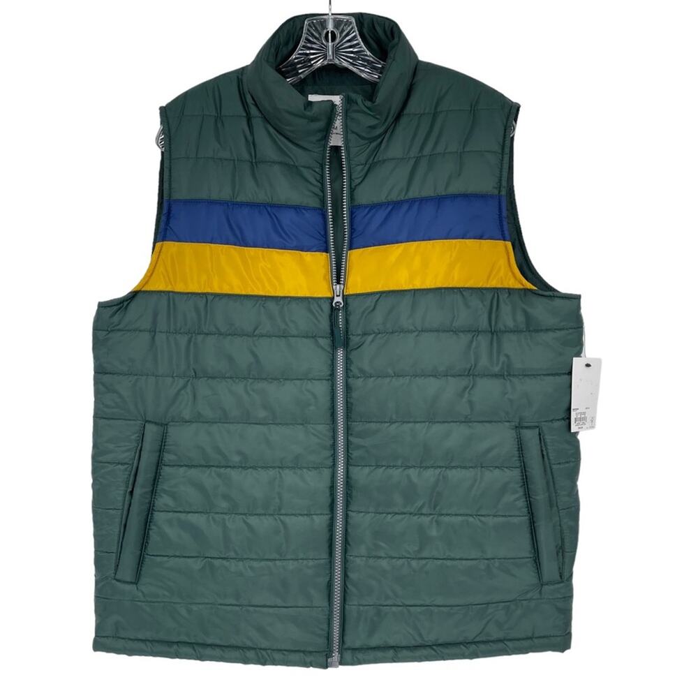 NWT Green Blue Yellow/Gold Puffer Vest Size Medium Color Block Fall Y2k Inspired